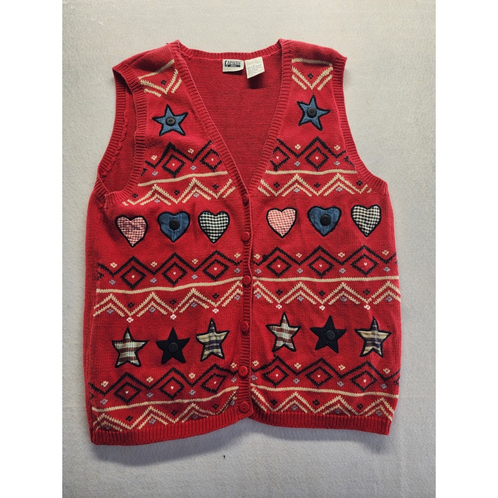 Capacity Woman Red Knit Sweater Vest Hearts Stars Americana Plus Size 2X 2XL